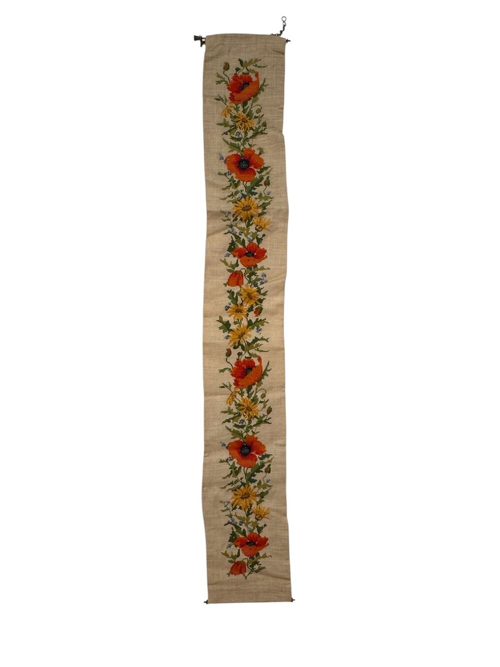 Vintage MCM Fiber Art Poppy Flower Skinny Wall Hanging Cross Stitch Needlepoint